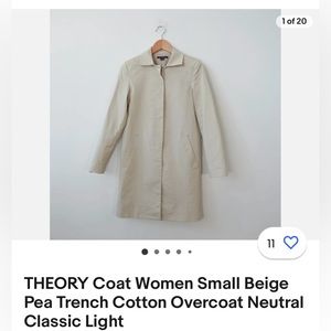 THEORY Coat Women Small Beige Pea Trench Cotton Overcoat Neutral Classic Light